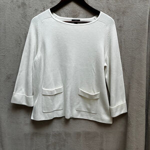 Ann Taylor Petite White Sweater–Wool Blend Boat Neck 3/4 Sleeve Knit Costal
